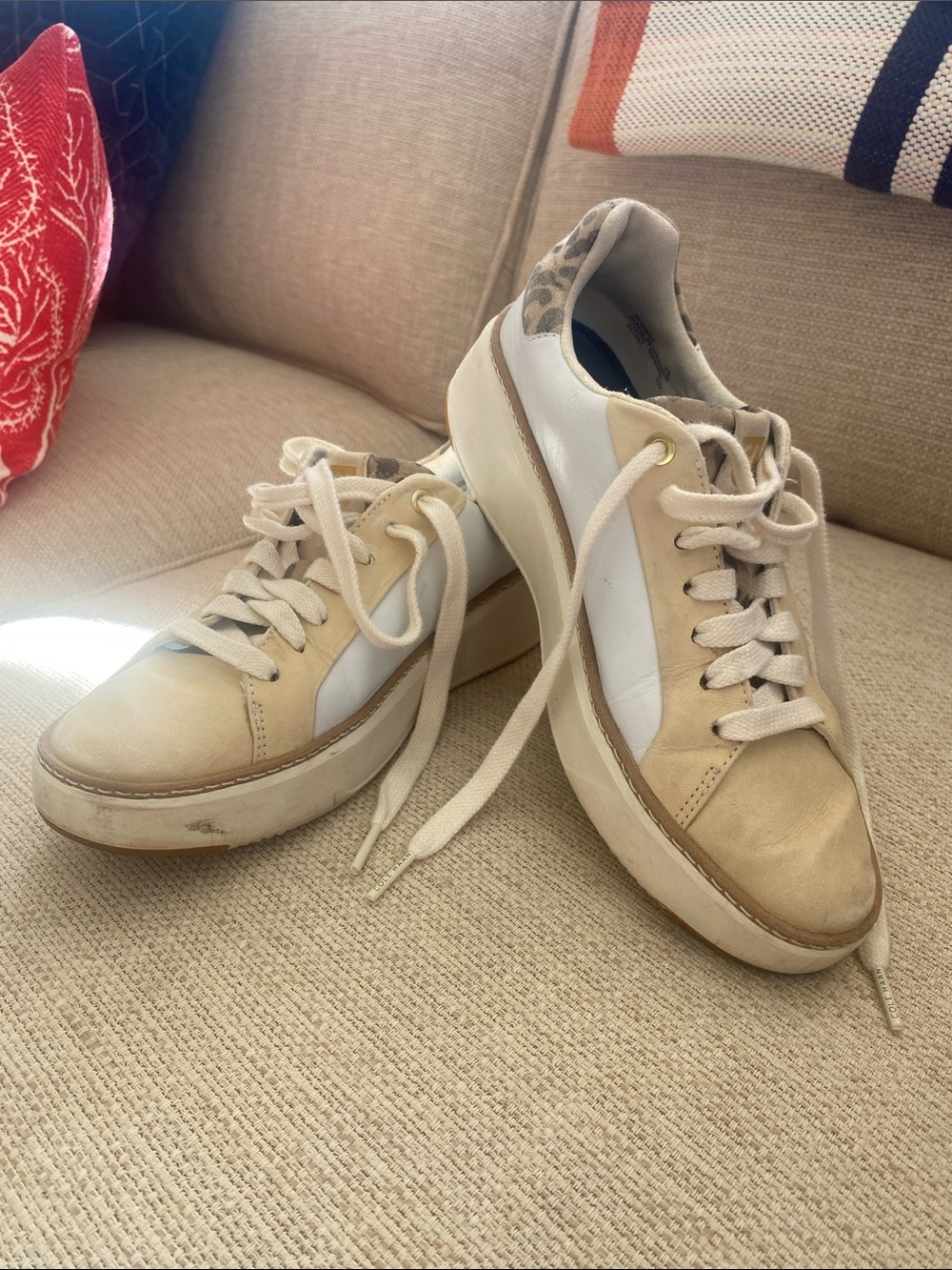 Cole Haan Beige and White Leather Platform Sneakers